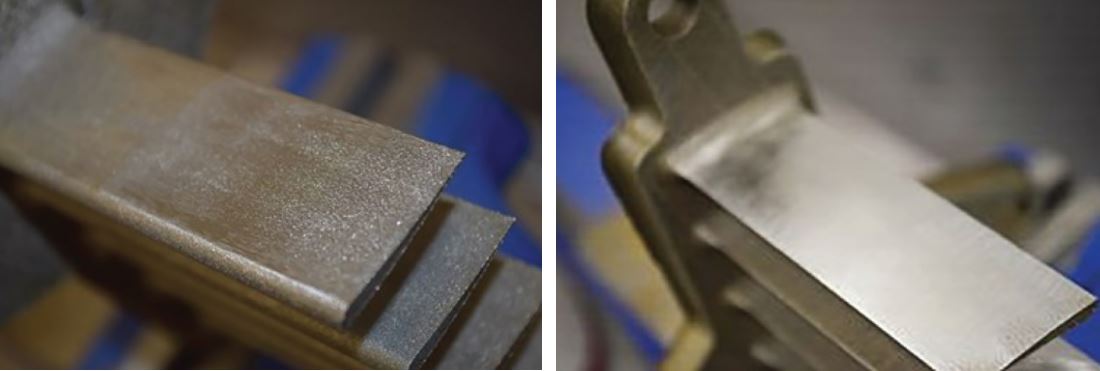 Figure 5: Because unified non-woven wheels and cotton fiber mounted-point wheels were found to wear down quickly when finishing the blade edge, the study suggests using a coated flap wheel or spiral roll first on the as-printed surface.